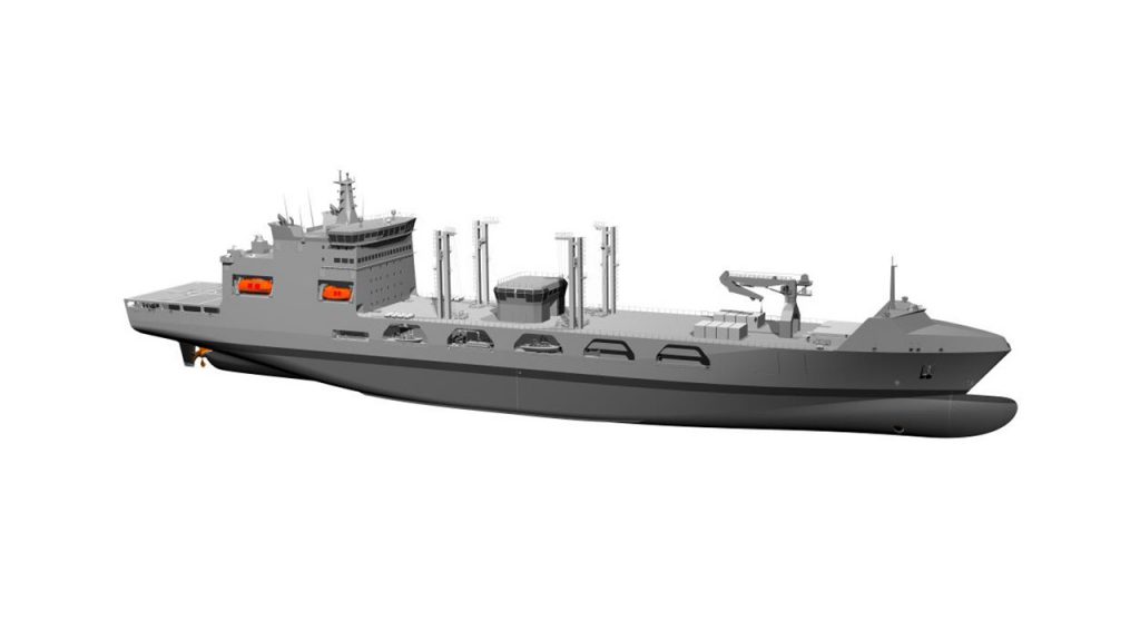 Проєктне зображення запропонованого турецьким суднобудівним консорціумом ТAIS великого корабля комплексного постачання Fleet Support Vessel (FSV) для ВМС Індії