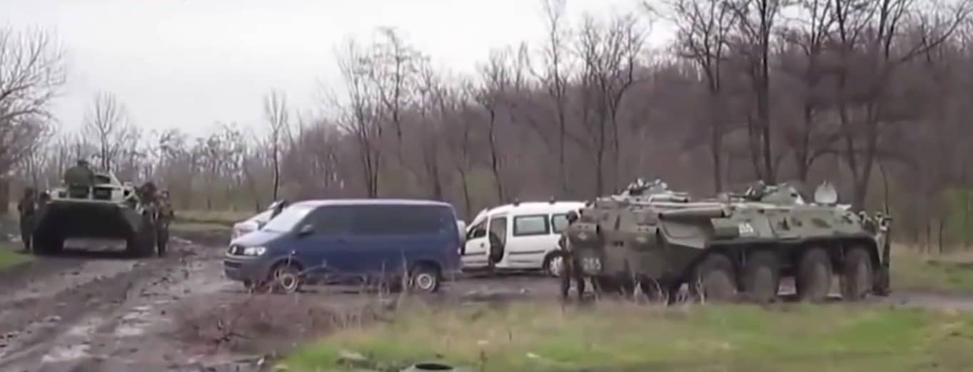 80 Airmobile Brigade’s armored personnel carriers after the shootout. 13 April 2014, Semenivka village outskirts © Unknown authors of the original video.