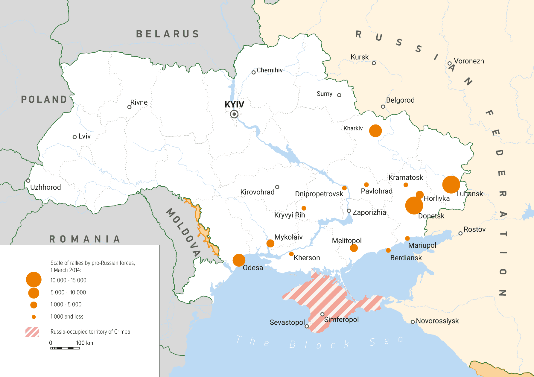 The geography and number of pro-Russian rallies in Ukraine on 1 March 2014