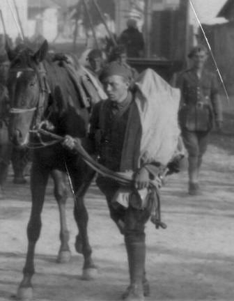 Гірський стрілець із конем гуцульської породи. На задньому фоні генерал Леонард Моцілюші