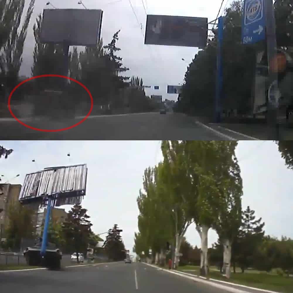 BMP No.240 hits billboard due to malfunction, 11:19 AM. Upper photo: rear view of the incident. Lower photo: front view. © unknown authors of the original videos.
