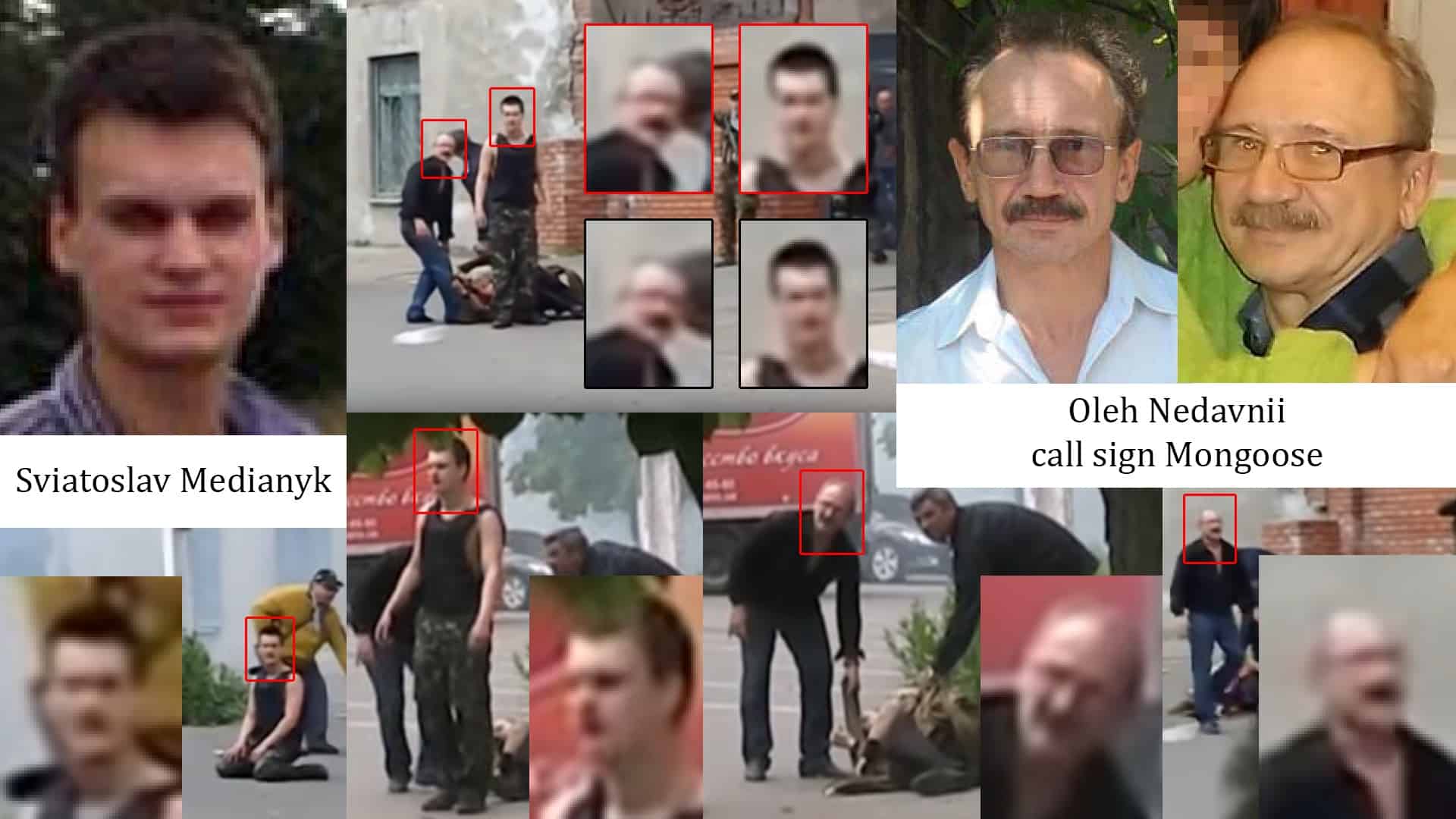 Oleh Nedavnii, call sign Mongoose, and Sviatoslav Medianyk near the Police HQ. 9 May, 1:18pm. © Unknown authors of the original videos. Photo: Myrotvorets.