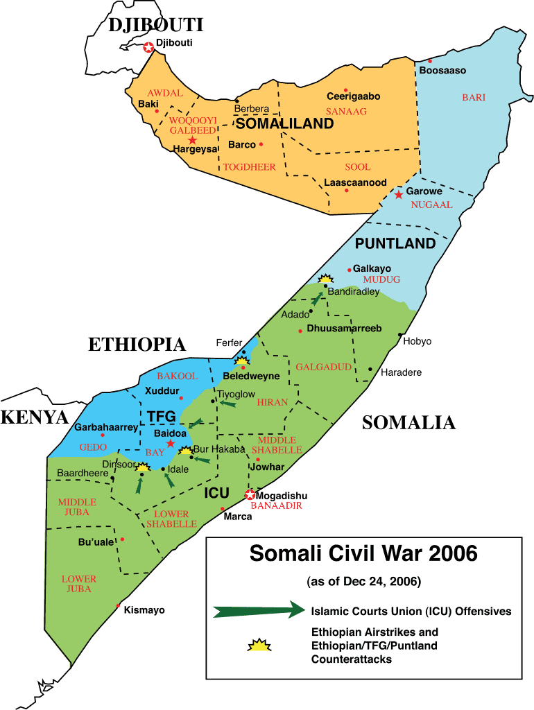 Контроль над територіями Сомалі наприкінці 2006 року. Жовтий ー самопроголошена республіка Сомаліленд, світлоблакитний ー автономна республіка Пунтленд, зелений ー СІС, блакитний ー федеральний уряд за підтримки IGASOM. 