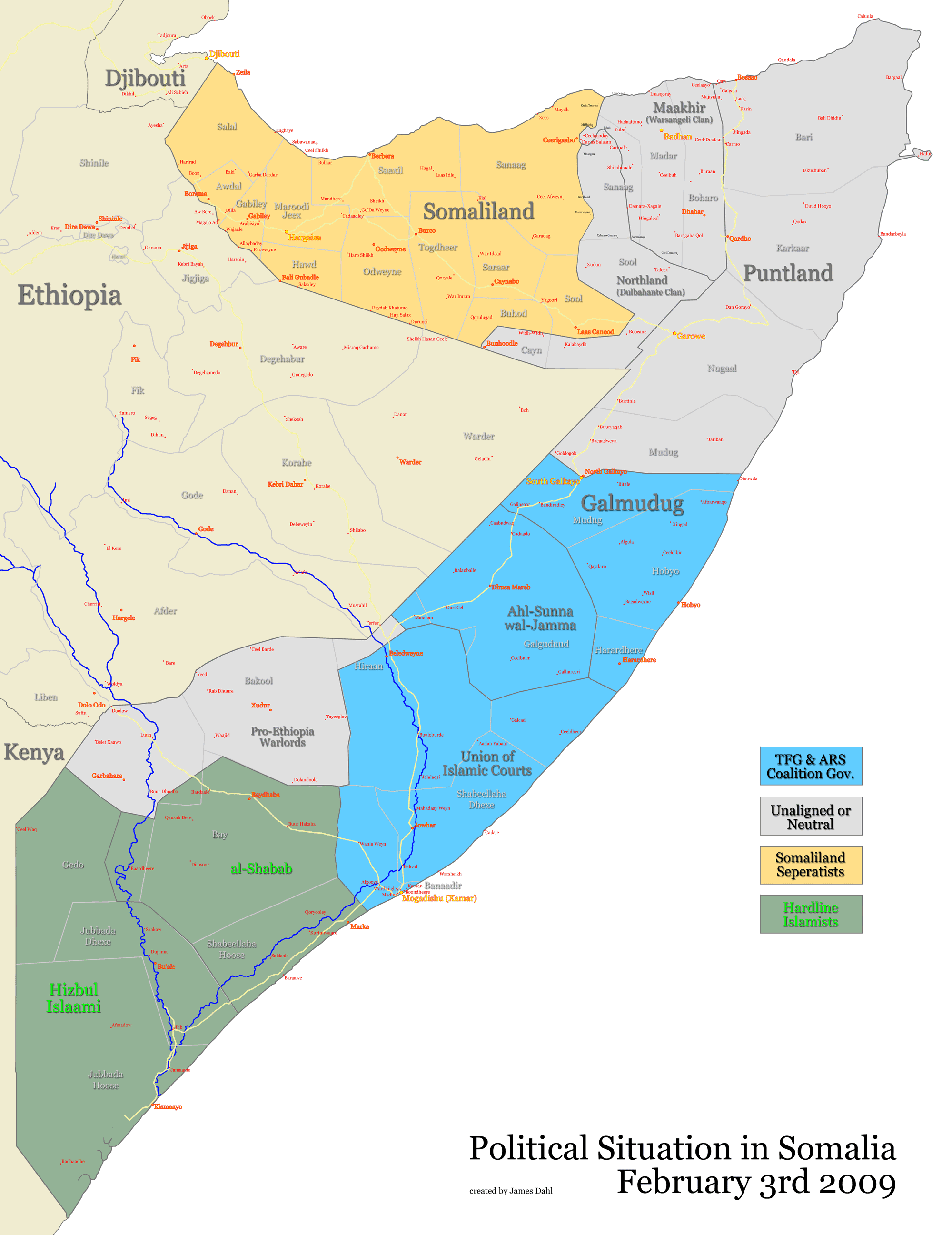 Ситуація в Сомалі станом на лютий 2009 рік. Сірим кольором позначні нейтральні Пунтленд та території, раніше окуповані Ефіопією, зеленим ー ісламісти.