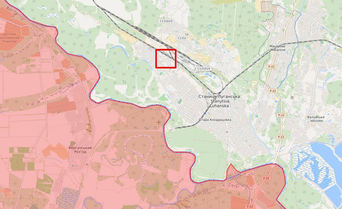Місце обстрілу у Станиці Луганській та лінія фронту на мапі
