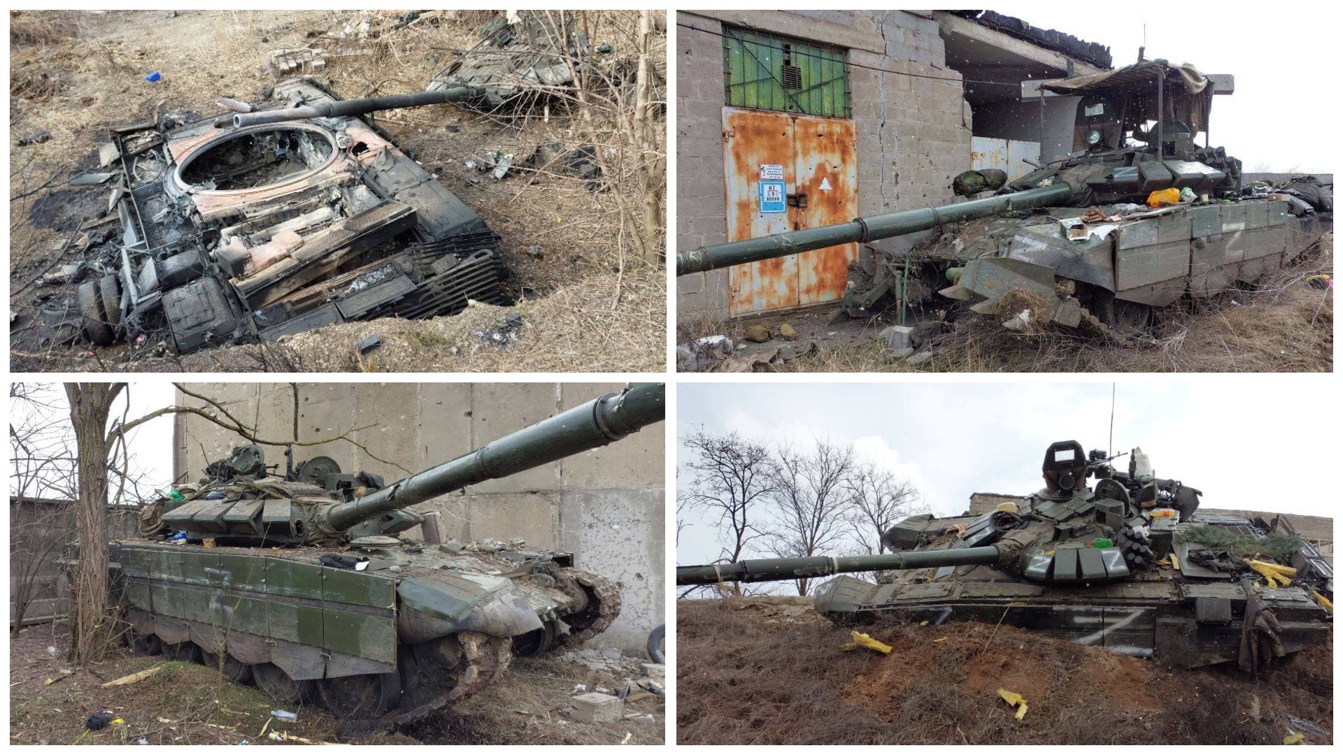 Az orosz hadsereg T-72B3 modelljének megsemmisült és elfogott tankjait Mariupol irányában.  Fotó: Azov-ezred