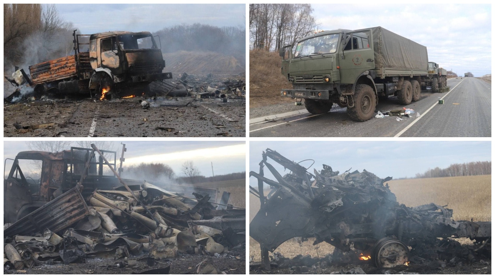 Megsemmisült teherautók az orosz hadsereg lőszereivel Csernyihiv régióban