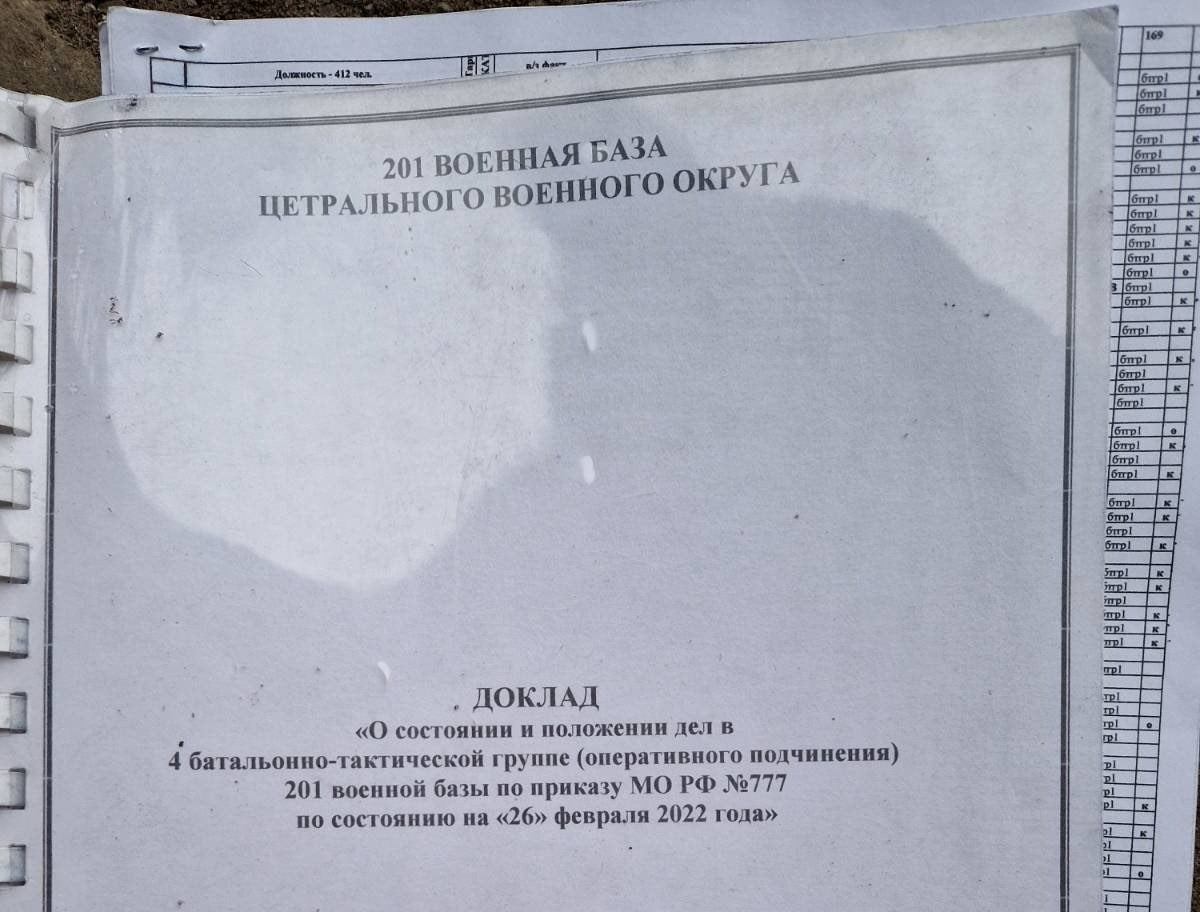 Захоплені українськими військовими документи російських військових з 201-ї Гатчинської військової бази РФ. Квітень 2022. Фото: ДШВ ЗСУ