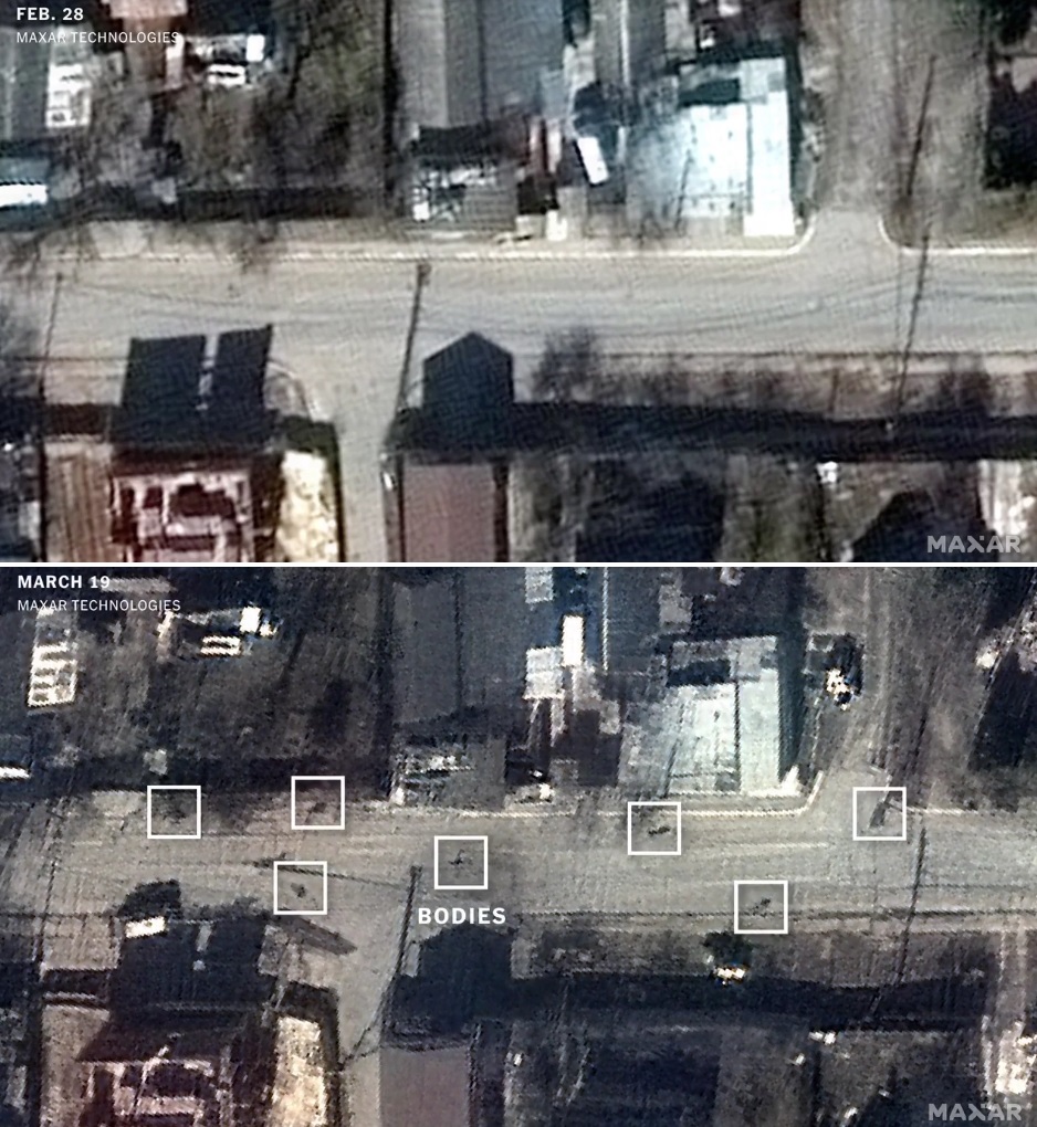 Порівняння супутникових знімків з Бучі за 28 лютого та 19 березня. Фото: Maxar Technologies