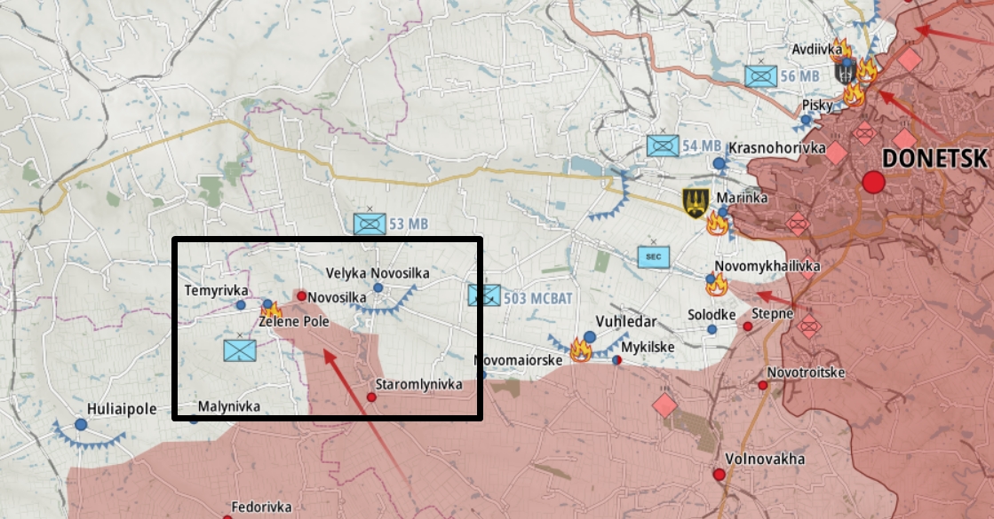 Район Старомайорського на неофіційній мапі бойових дій за 26 квітня 2022 року
