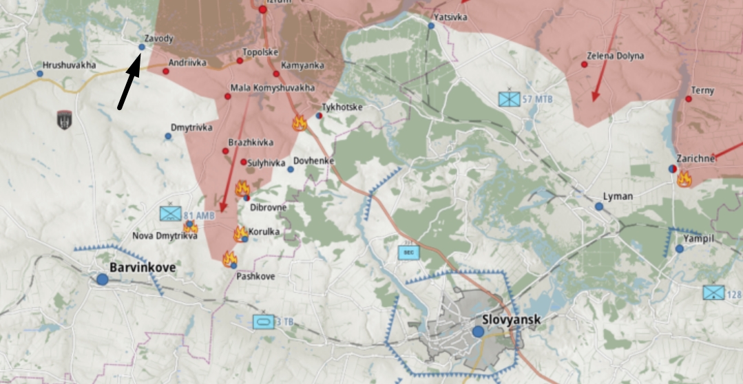 Населений пункт Заводи на неофіційній мапі фронту станом на 24 квітня 2022 року