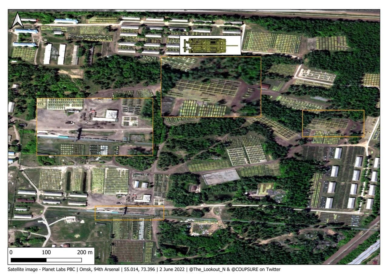 База зберігання 2С7 на 94-му арсеналі в Омську. Знімок від Planet за 2 червня 2022 року