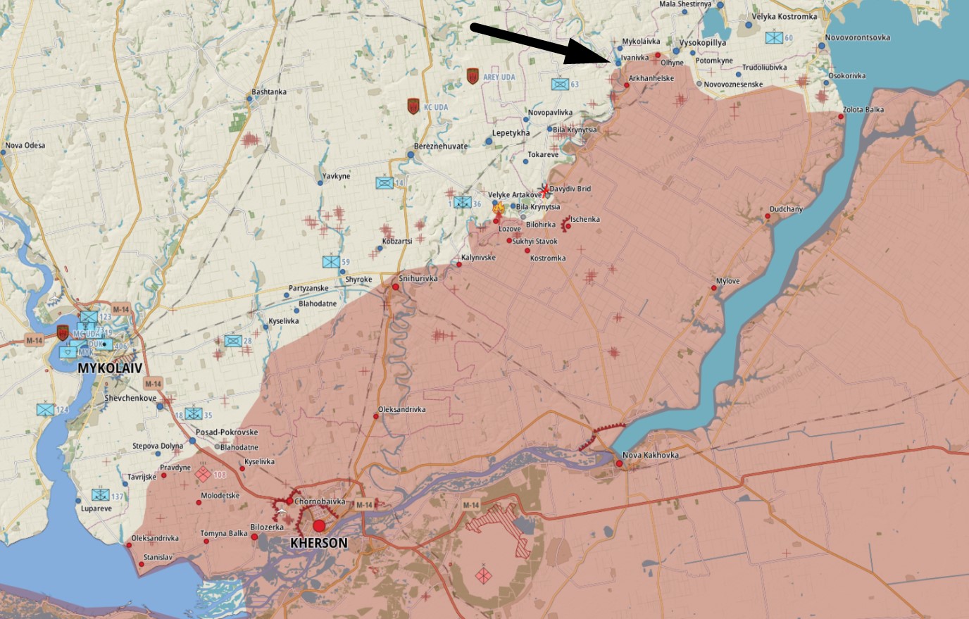 Іванівка Херсонської області на неофіційній мапі станом на 9 липня 2022 року