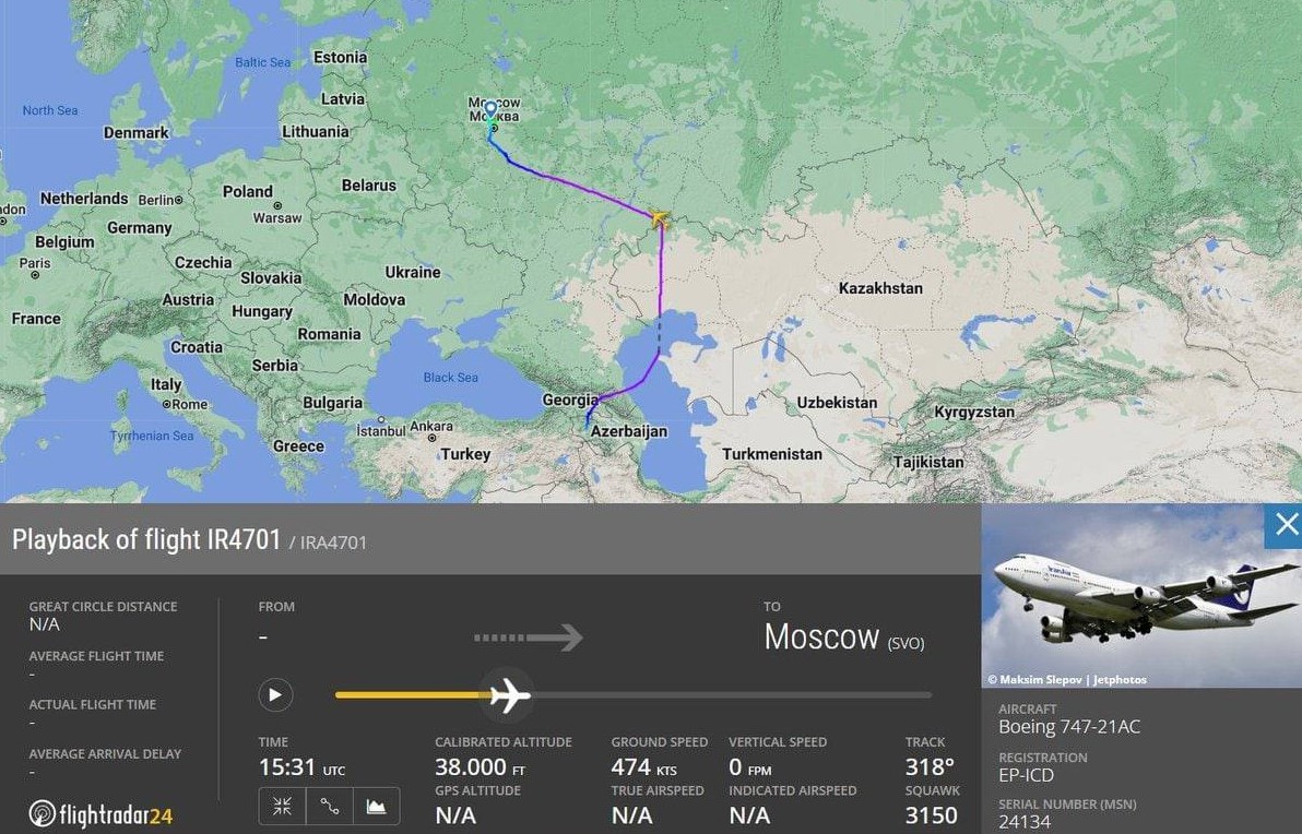 Іранський транспортний літак IR4701 летить до Москви. 4 вересня 2022 року. Джерело: Flightradar