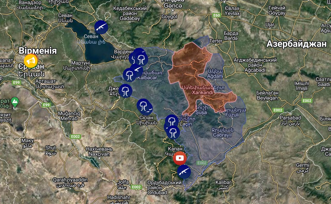 Неофіційна мапа бойових дій на кордоні між Вірменією та Азербайджаном, вересень 2022 Джерело: livauamap