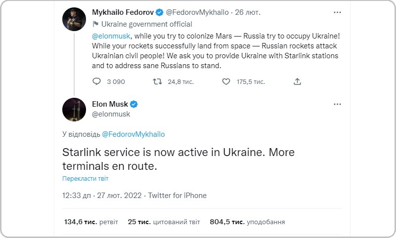 Повідомлення Ілона Маска про активацію в Україні Starlink. 27 лютого 2022 року