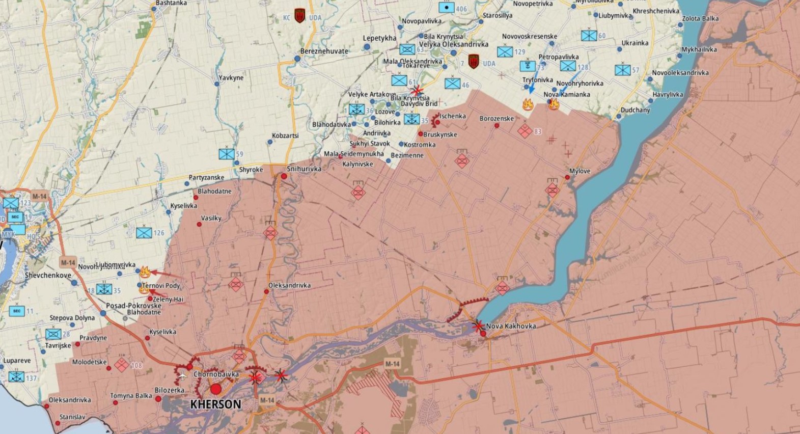 Ситуація на Херсонщині на неофіційній мапі бойових дій станом на 7 жовтня 2022 року