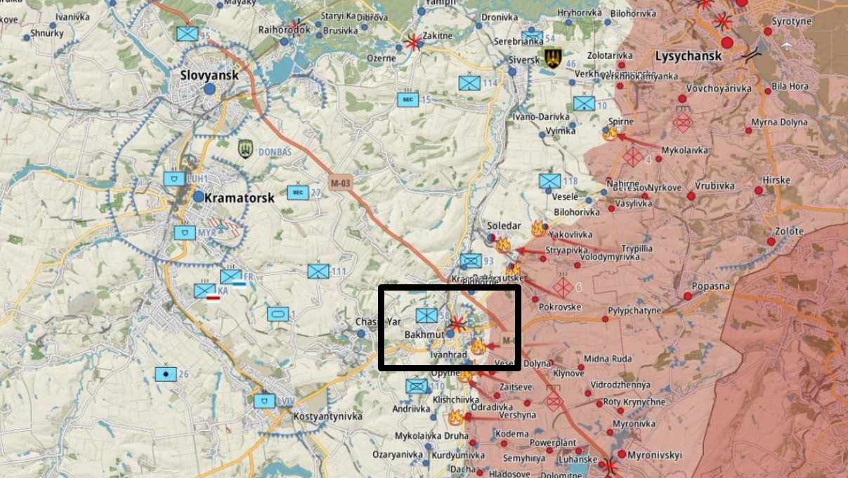 Бахмут на неофіційній мапі бойових дій станом на 14 жовтня 2022 року