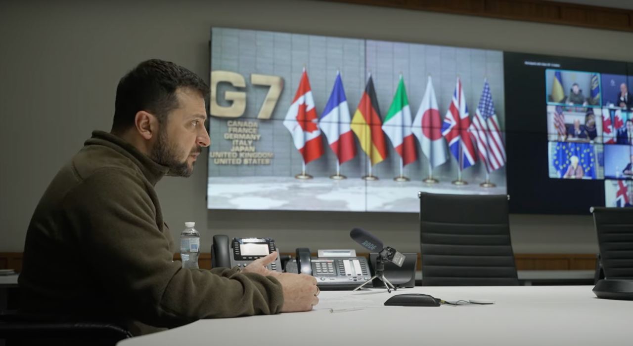 Володимир Зеленський під час виступу на позачерговому саміті G7, 11 жовтня 2022 Кадр з відео