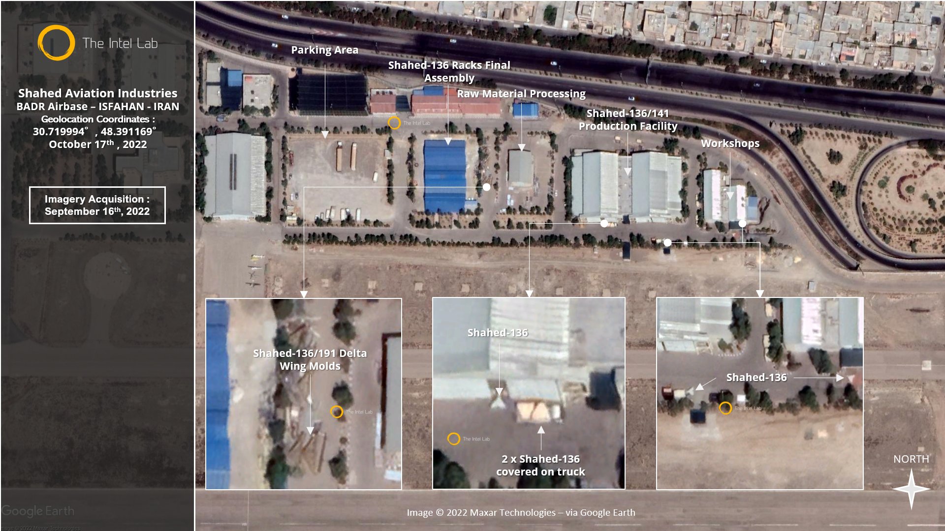 Супутниковий знімок бази виробництва БПЛА Shahed в Ірані, вересень 2022 Фото: The Intel Lab