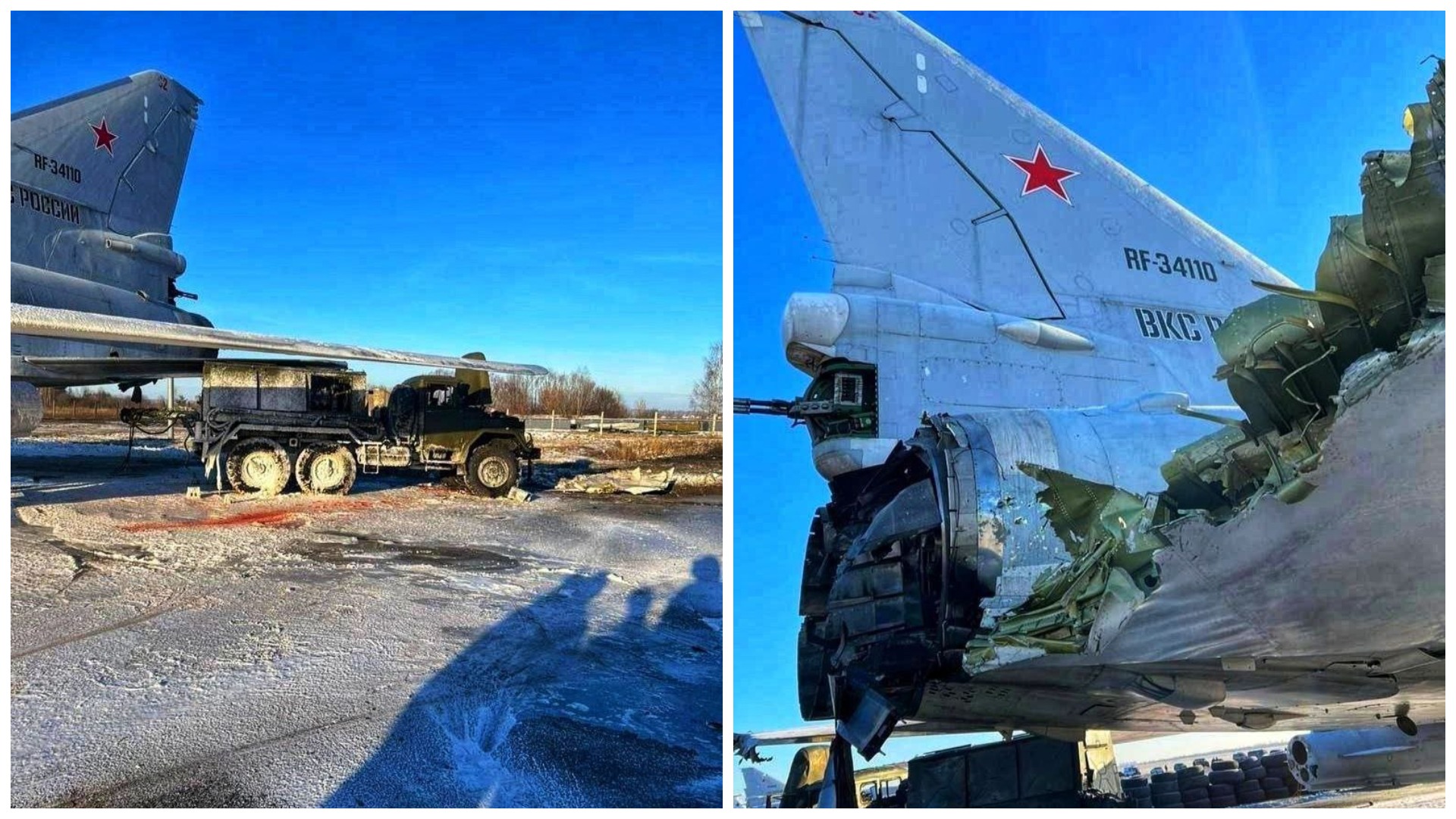 Пошкоджений Ту-22М3 та знищений мобільний генератор на російській авіабазі “Дягилево” у наслідок вибуху 5 грудня 2022 року. Росія. Фото з соцмереж