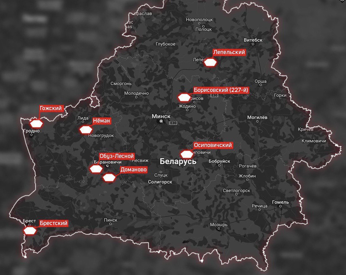 Схема розташування полігонів на території Білорусі. Ілюстрація за матеріалами "Беларускі Гаюн"