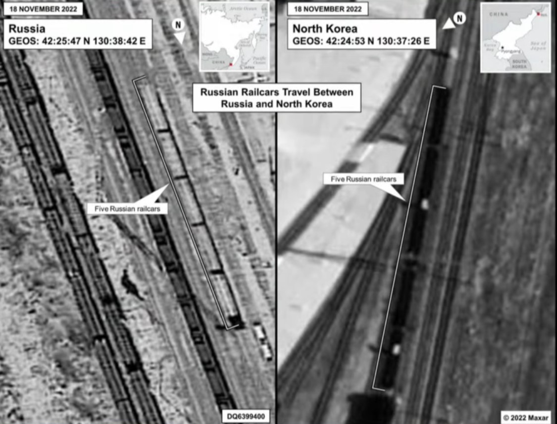 Супутникові знімки з російськими вагонами, які мали отримати військовий вантаж від Північної Кореї. Листопад 2022 року. Фото: Білий Дім