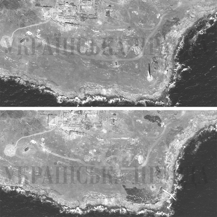 Острів зміїний "до" та "після" роботи артилерії, червень 2022 Фото: Українська Правда
