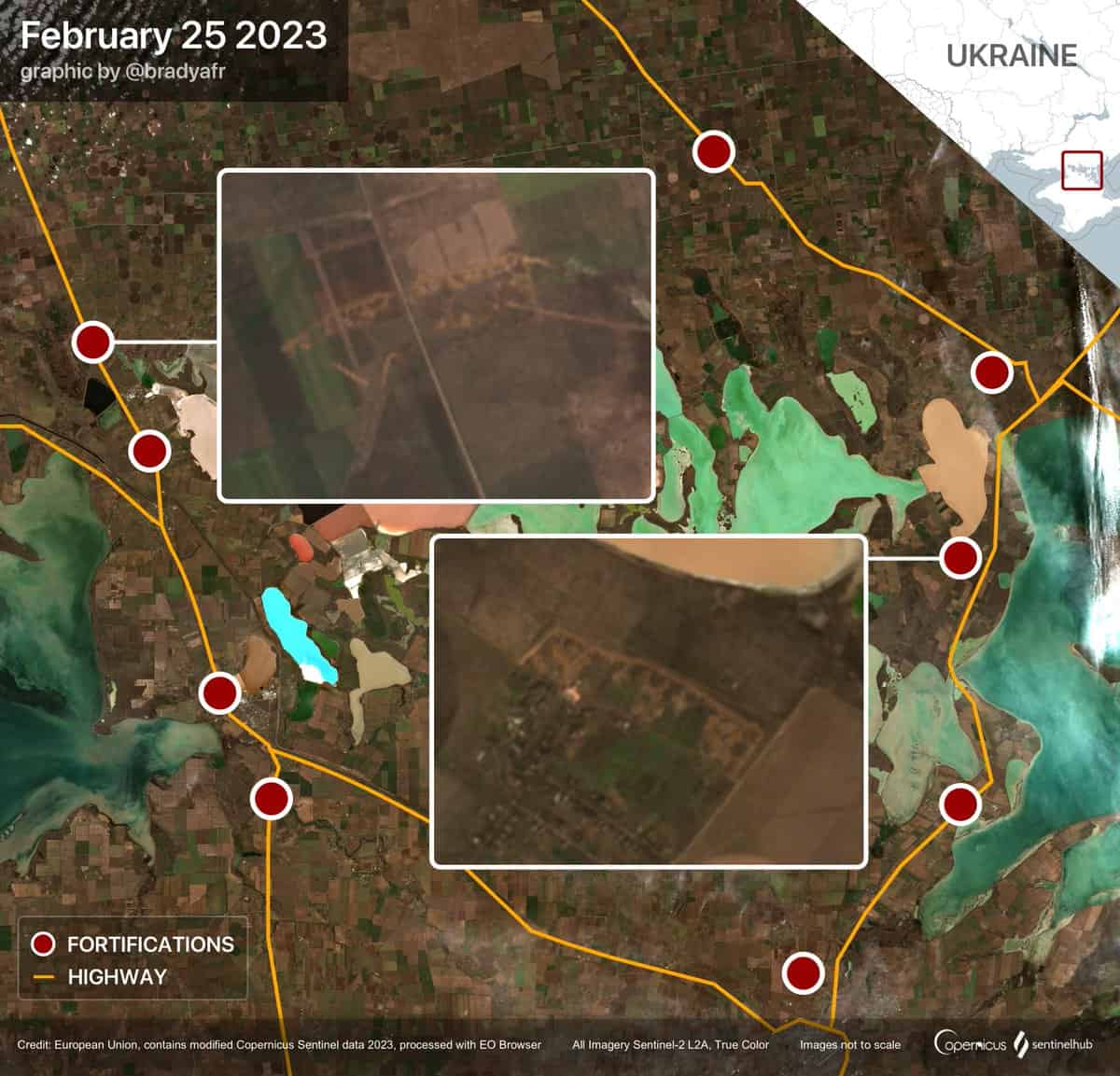 Розбудова фортифікацій в Криму, лютий 2023 Джерело: Twitter Brady Africk