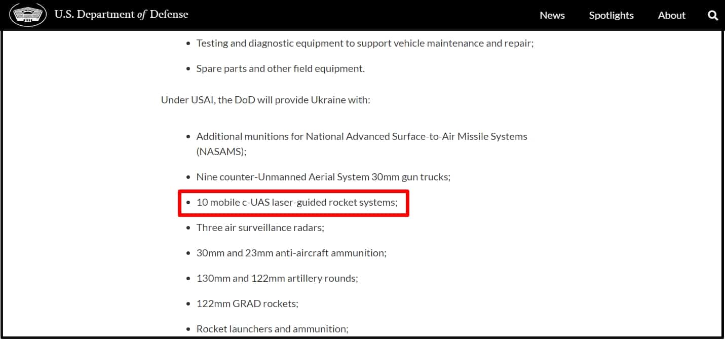 «10 мобільних антидронових ракетних установок з лазерним наведенням» у новому пакеті США для України
