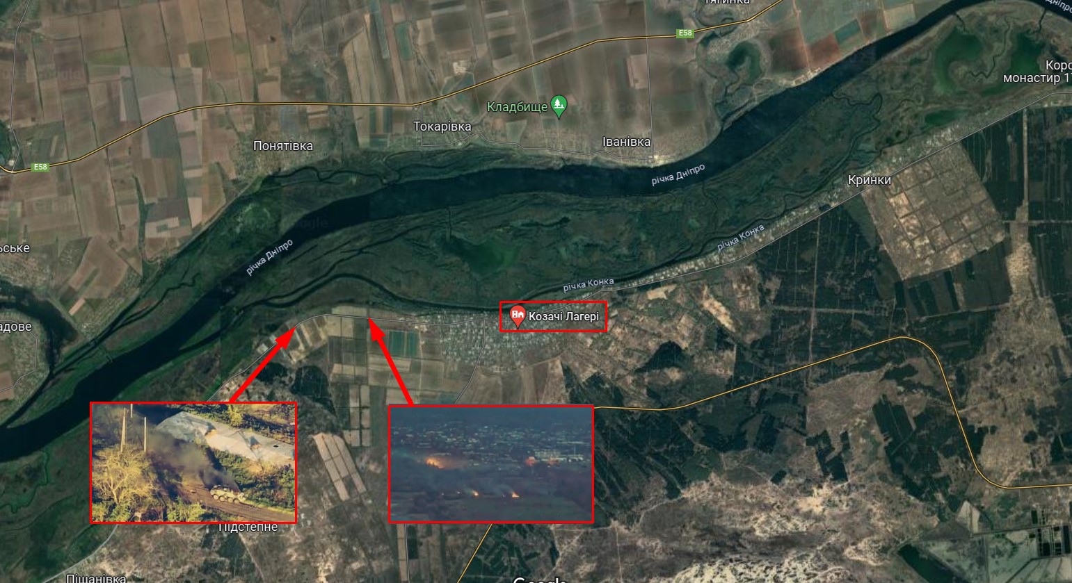 Місця ударів по росіянах у районі населеного пункту Козачі Лагеря