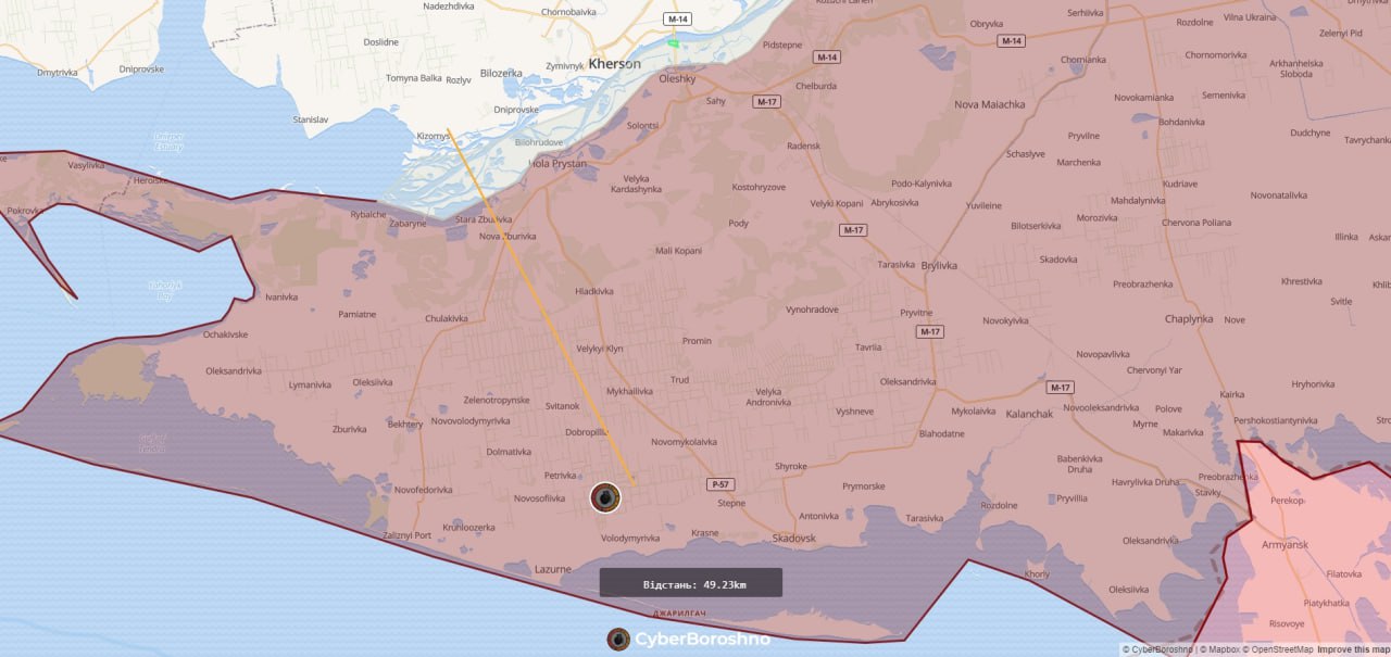 Місце ураження російської установки та відстань до звільненої території