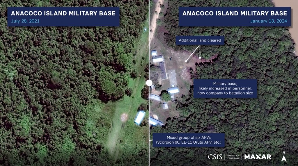 Супутникові знімки позицій сил Венесуели на острові Анакоко, що розташований на прикордонній з Гаяною річці. Знімки від Maxar Technologies