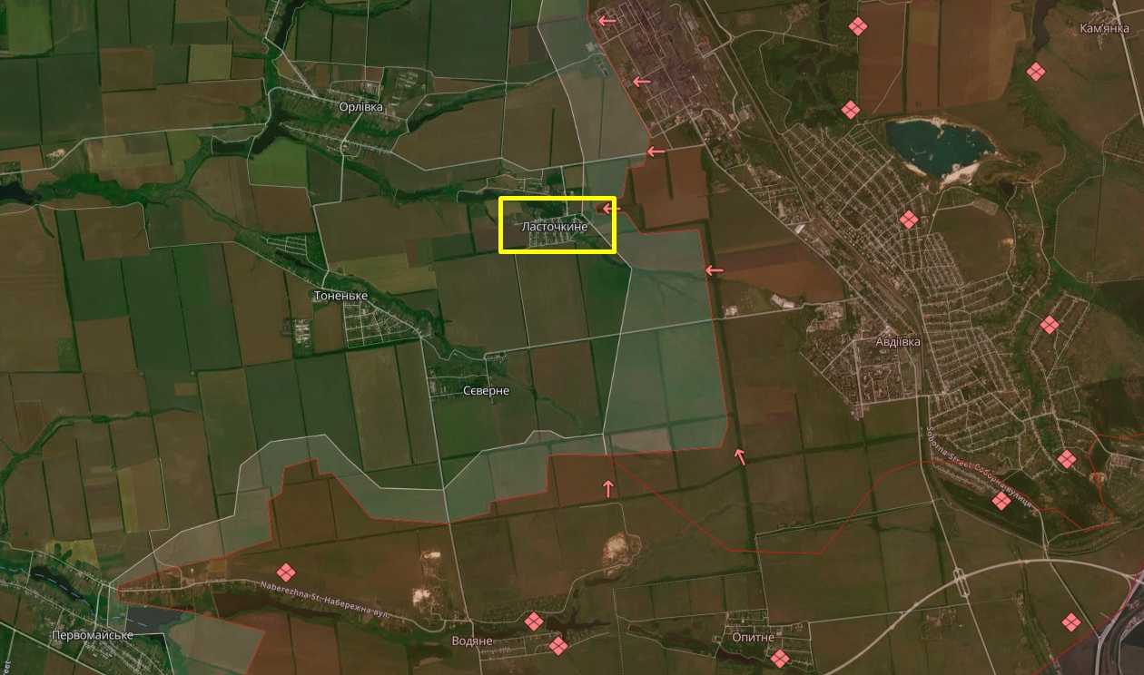 Село Ласточкине на неофіційній мапі бойових дій станом на 19 лютого 2024 року