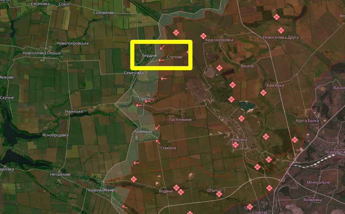 Село Бердичі на авдіївському напрямку на Донеччині станом на кінець лютого 2024 року згідно зз мапою Deepstate
