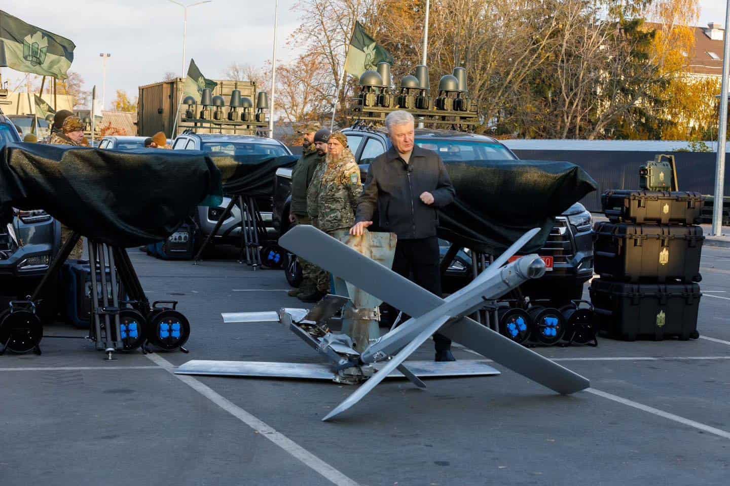 The Ai-Petri SV systems for countering technical reconnaissance and a neutralized Russian Lancet attack drone. 2024. Ukraine. Photo credits: Petro Poroshenko